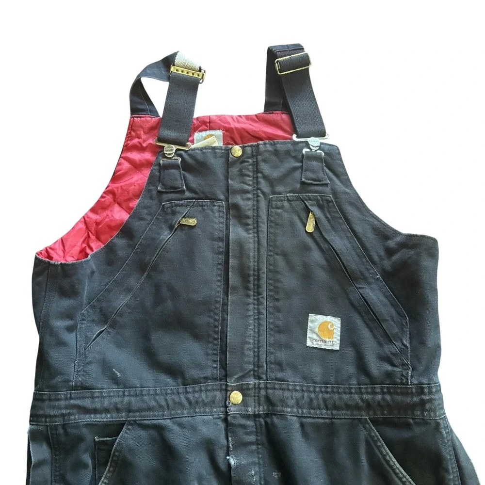 Carhartt Bib Overalls Mens 44x30 Black R38 Duck Insulated Quilt Lined Workwear
